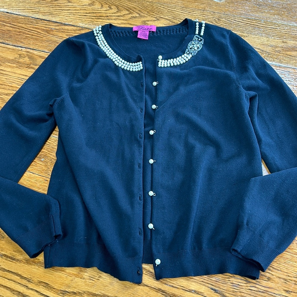 LACE brand black silk blend cardigan. Pearl details. Size Medium Petite.